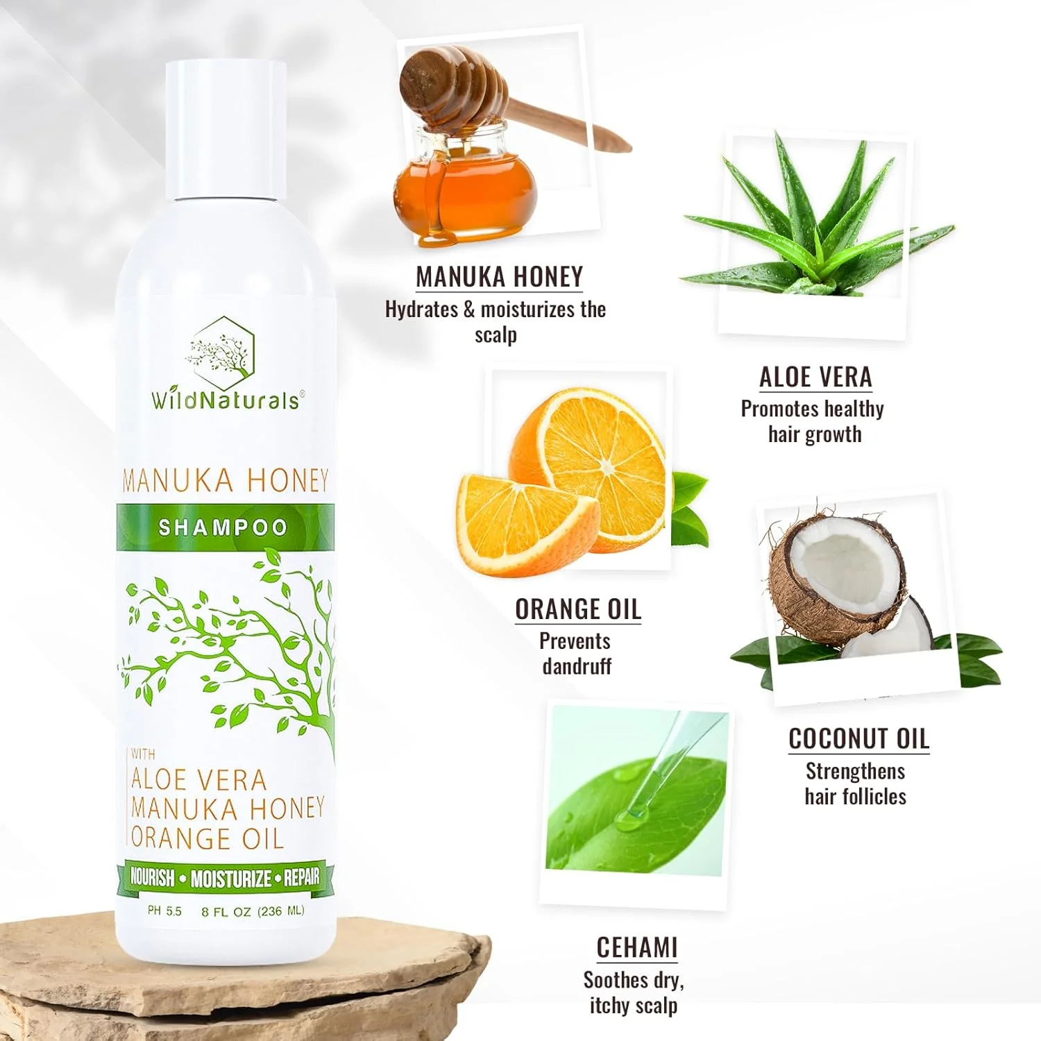 شامپو آبرسان طبیعی برای پوست سر خشک و خارش دار - شامپو مرطوب کننده ضد شوره بدون سولفات با آلوئه ورا و عسل مانوکا - قابل استفاده برای موهای چرب و مجعد - کمک به رشد مو با روغن نارگیل