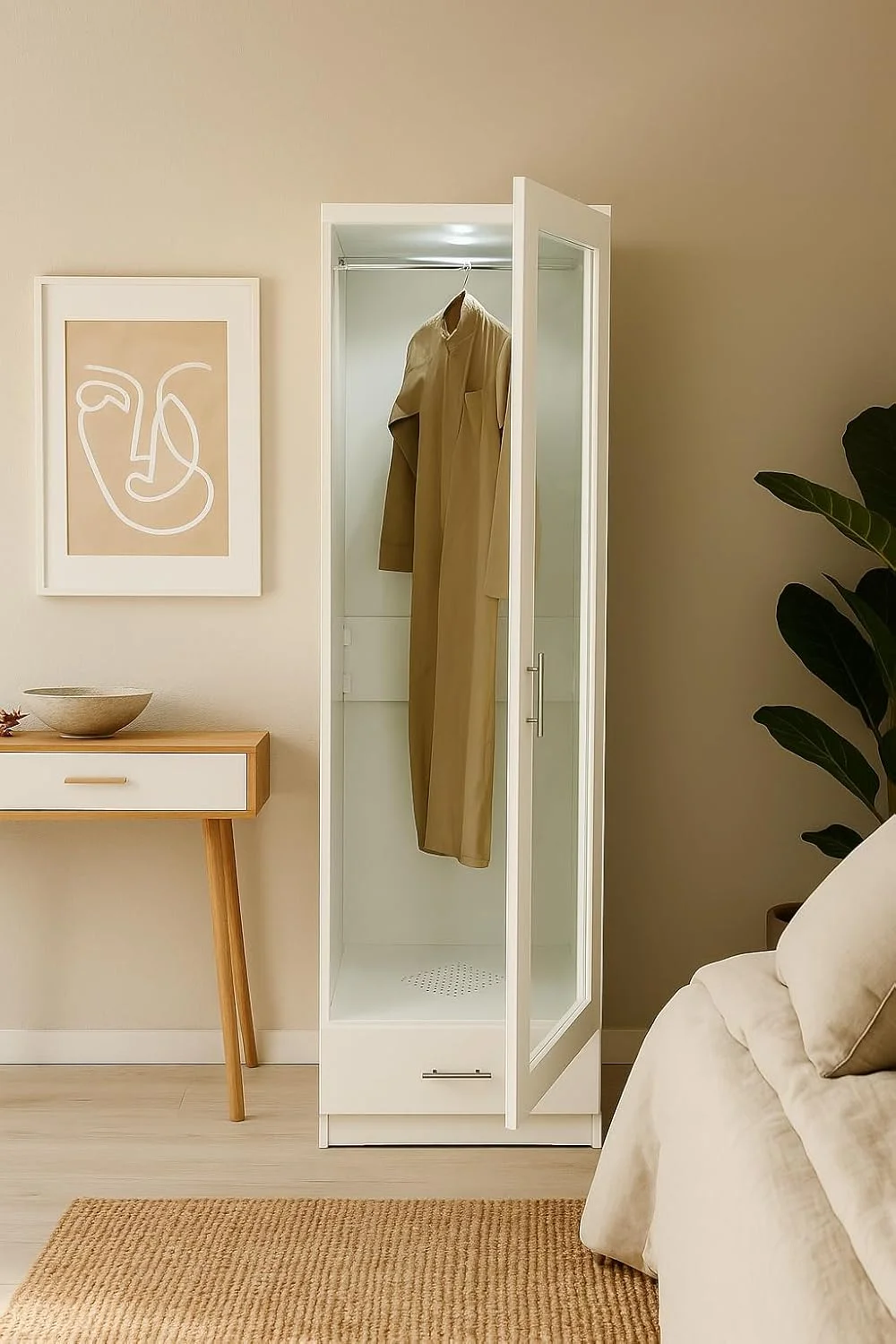 کمد لباس یک درب AFT مدل 819 با کشو، سفید - کمد مدرن با نورپردازی LED، پایه سوراخ دار و سیستم تهویه عطر. ایده آل برای استفاده سنتی از بخور.