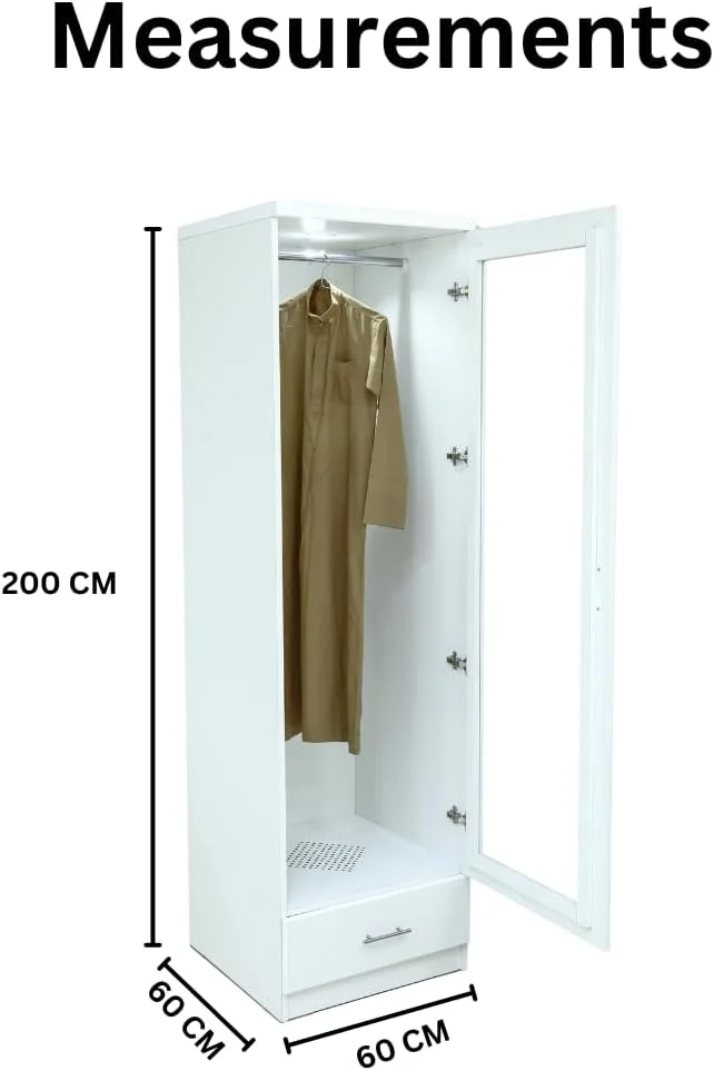 کمد لباس یک درب AFT مدل 819 با کشو، سفید - کمد مدرن با نورپردازی LED، پایه سوراخ دار و سیستم تهویه عطر. ایده آل برای استفاده سنتی از بخور.