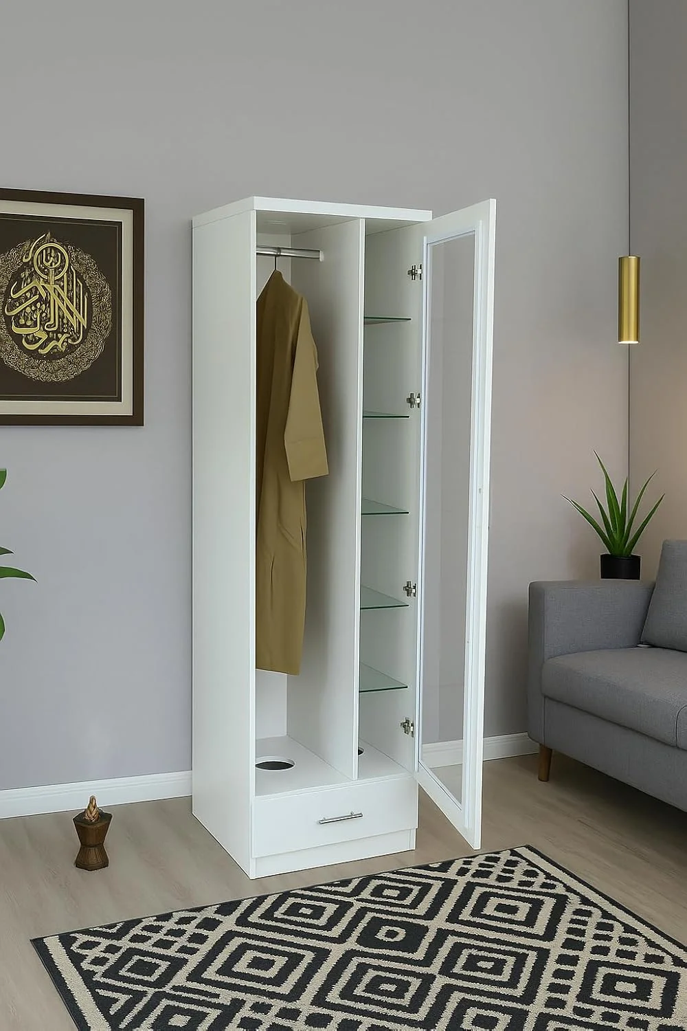 کمد لباس یک درب AFT با کشو سفید سری 820 مدل 2023، کمد مدرن با نورپردازی LED، پایه سوراخ دار و سیستم تهویه مطبوع. ایده آل برای استفاده سنتی از بخور