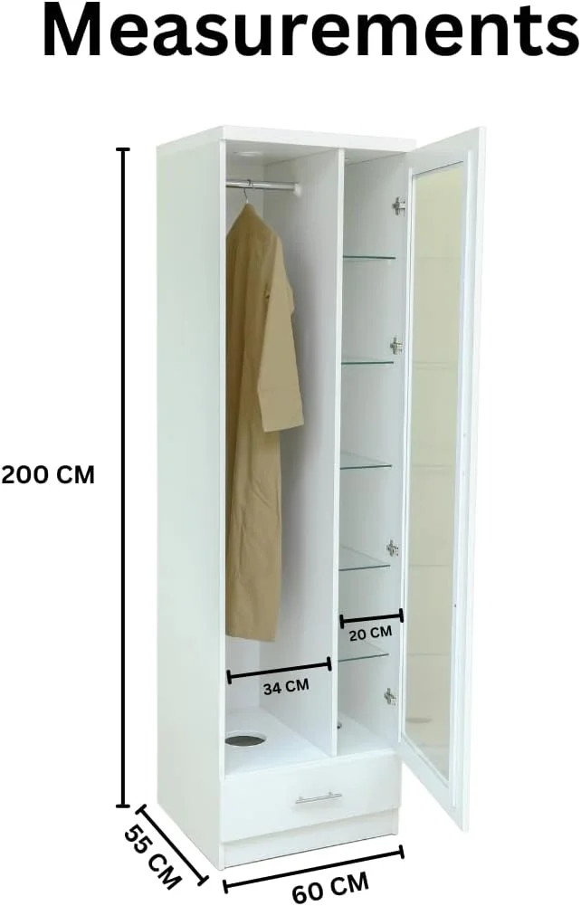 کمد لباس یک درب AFT با کشو سفید سری 820 مدل 2023، کمد مدرن با نورپردازی LED، پایه سوراخ دار و سیستم تهویه مطبوع. ایده آل برای استفاده سنتی از بخور کمد لباس یک درب AFT با کشو سفید سری 820 مدل 2023، کمد مدرن با نورپردازی LED، پایه سوراخ دار و سیستم تهویه مطبوع. ایده آل برای استفاده سنتی از بخور