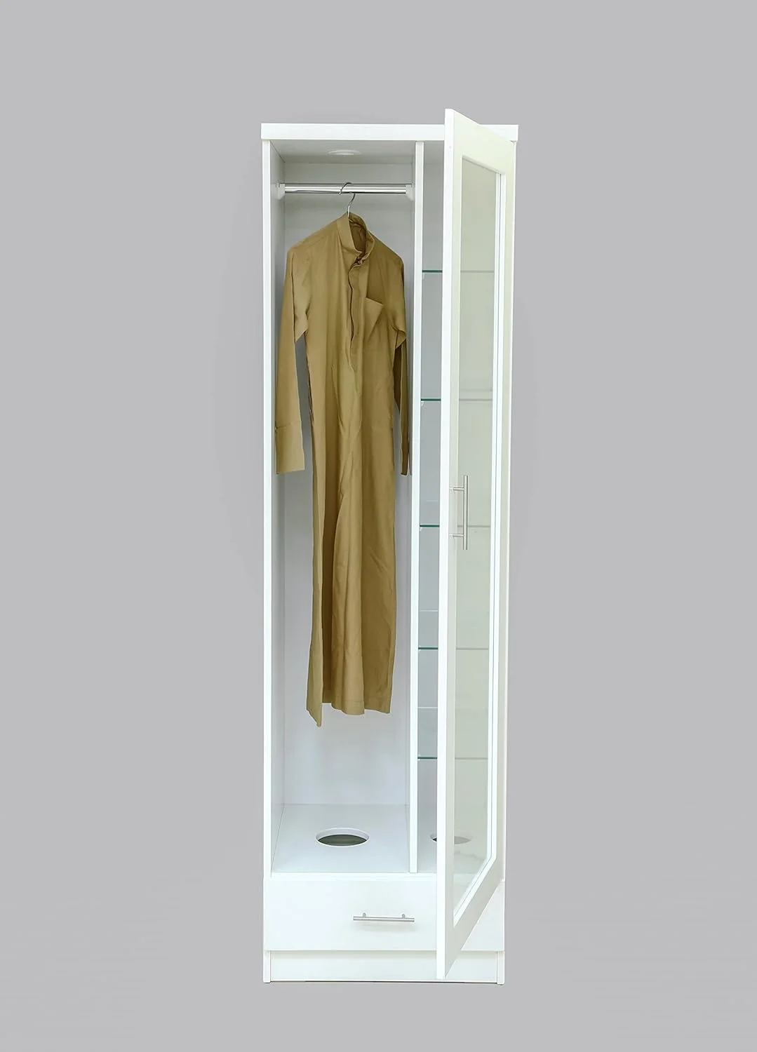 کمد لباس یک درب AFT با کشو سفید سری 820 مدل 2023، کمد مدرن با نورپردازی LED، پایه سوراخ دار و سیستم تهویه مطبوع. ایده آل برای استفاده سنتی از بخور کمد لباس یک درب AFT با کشو سفید سری 820 مدل 2023، کمد مدرن با نورپردازی LED، پایه سوراخ دار و سیستم تهویه مطبوع. ایده آل برای استفاده سنتی از بخور