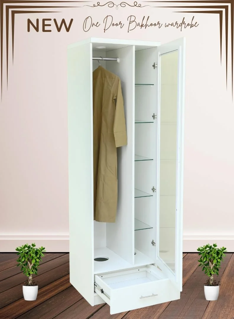 کمد لباس یک درب AFT با کشو سفید سری 820 مدل 2023، کمد مدرن با نورپردازی LED، پایه سوراخ دار و سیستم تهویه مطبوع. ایده آل برای استفاده سنتی از بخور کمد لباس یک درب AFT با کشو سفید سری 820 مدل 2023، کمد مدرن با نورپردازی LED، پایه سوراخ دار و سیستم تهویه مطبوع. ایده آل برای استفاده سنتی از بخور