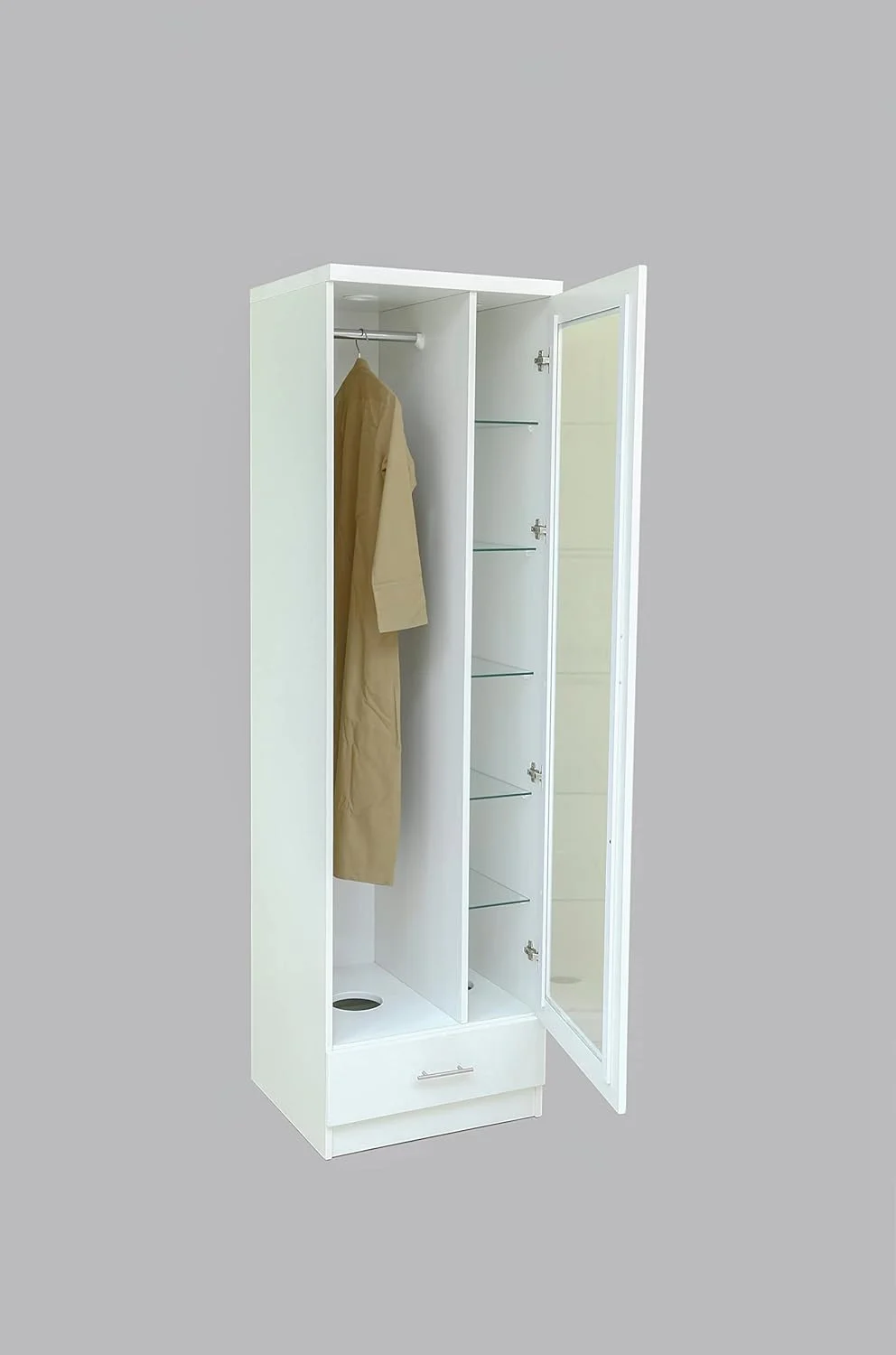 کمد لباس یک درب AFT با کشو سفید سری 820 مدل 2023، کمد مدرن با نورپردازی LED، پایه سوراخ دار و سیستم تهویه مطبوع. ایده آل برای استفاده سنتی از بخور کمد لباس یک درب AFT با کشو سفید سری 820 مدل 2023، کمد مدرن با نورپردازی LED، پایه سوراخ دار و سیستم تهویه مطبوع. ایده آل برای استفاده سنتی از بخور