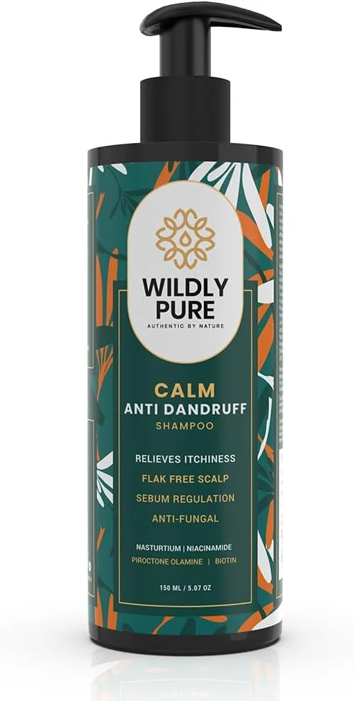 شامپو ضد شوره طبیعی وایلدلی پیور | ناسورتیم، پیروکتون اولامین، نیاسینامید و بیوتین | کاهش 72 درصدی شوره سر در 3 بار شستشو | تنظیم کننده سبوم، کاهش خارش، قرمزی | بدون مواد شیمیایی | 150 میلی لیتر (Calm)