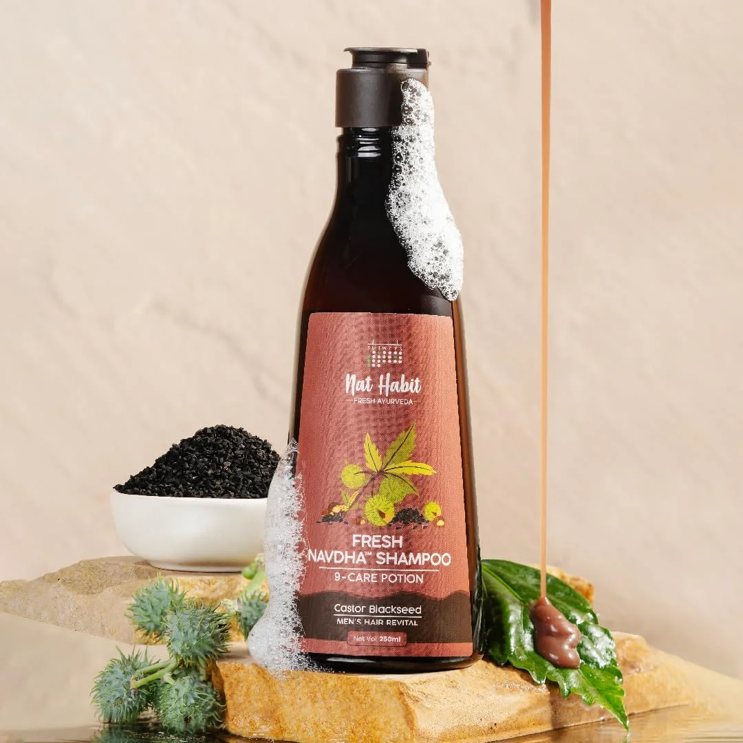 شامپو ناوذای کرچک و دانه سیاه Nat Habit برای آقایان | احیا کننده موی آقایان | شامپو موی طبیعی | ضد ریزش مو، رشد مو و ضد شوره سر | پاک کننده آملا ریتا شیکاکای بدون سولفات | بسته 2 عددی