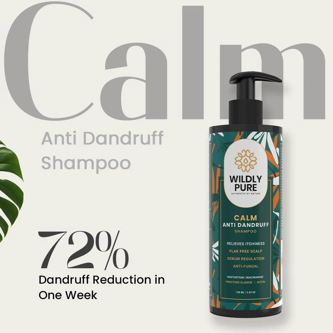 شامپو ضد شوره طبیعی وایلدلی پیور | ناسورتیم، پیروکتون اولامین، نیاسینامید و بیوتین | کاهش 72 درصدی شوره سر در 3 بار شستشو | تنظیم کننده سبوم، کاهش خارش، قرمزی | بدون مواد شیمیایی | 150 میلی لیتر (Calm)