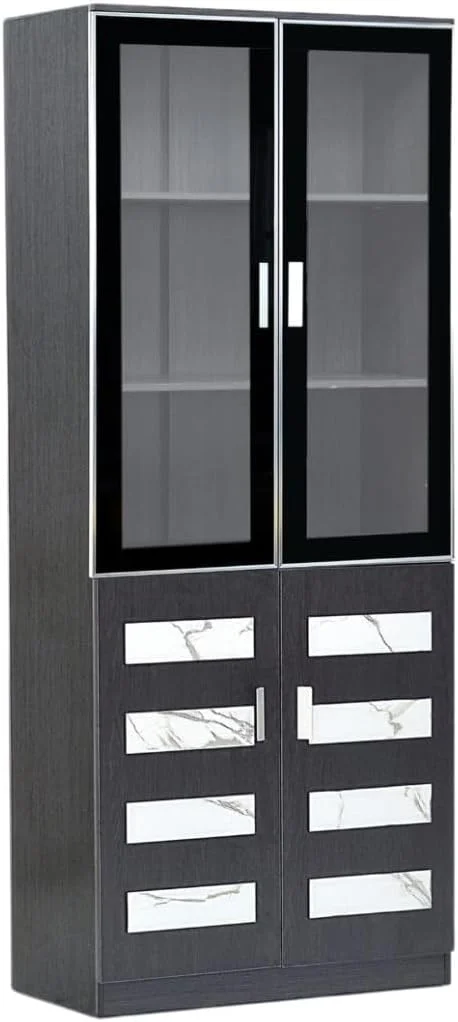 ویترین چهار درب شیشه ای ALWASIT HOME مدل Pristine Showcase | کتابخانه چهار درب | کمد لباس چهار درب شیشه ای | کابینت چهار درب با قفسه (گردویی سفید)