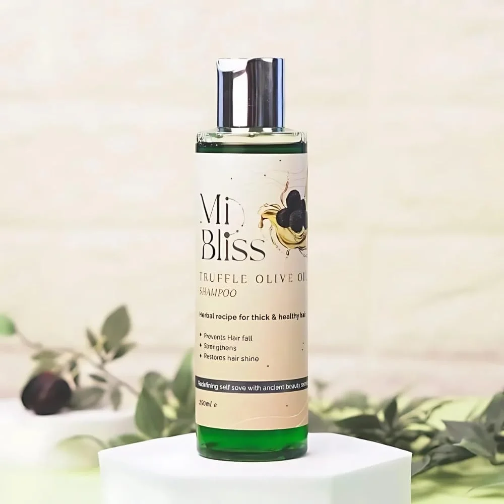 شامپو و نرم کننده روغن زیتون و ترافل Mi Bliss | ترکیب یونانی باستان برای استحکام و آبرسانی | ضخیم کننده، کنترل ریزش مو | ضد شوره، پاک کننده پوست سر، رفع وز و افزایش درخشندگی - 200 میلی لیتر