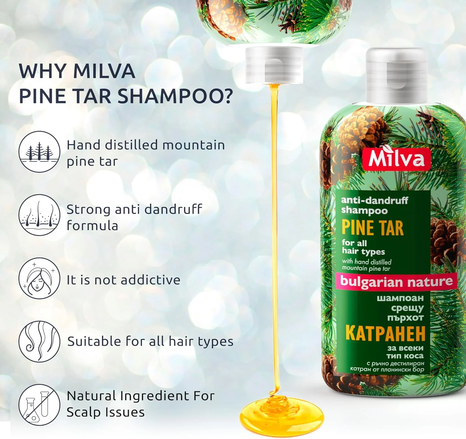 شامپو قطران کاج میلوا - ضد شوره، کمک به رفع سبوره، تسکین دهنده و التیام بخش پوست سر ملتهب - 200 میلی لیتر شامپو قطران کاج میلوا - ضد شوره، کمک به رفع سبوره، تسکین دهنده و التیام بخش پوست سر ملتهب - 200 میلی لیتر