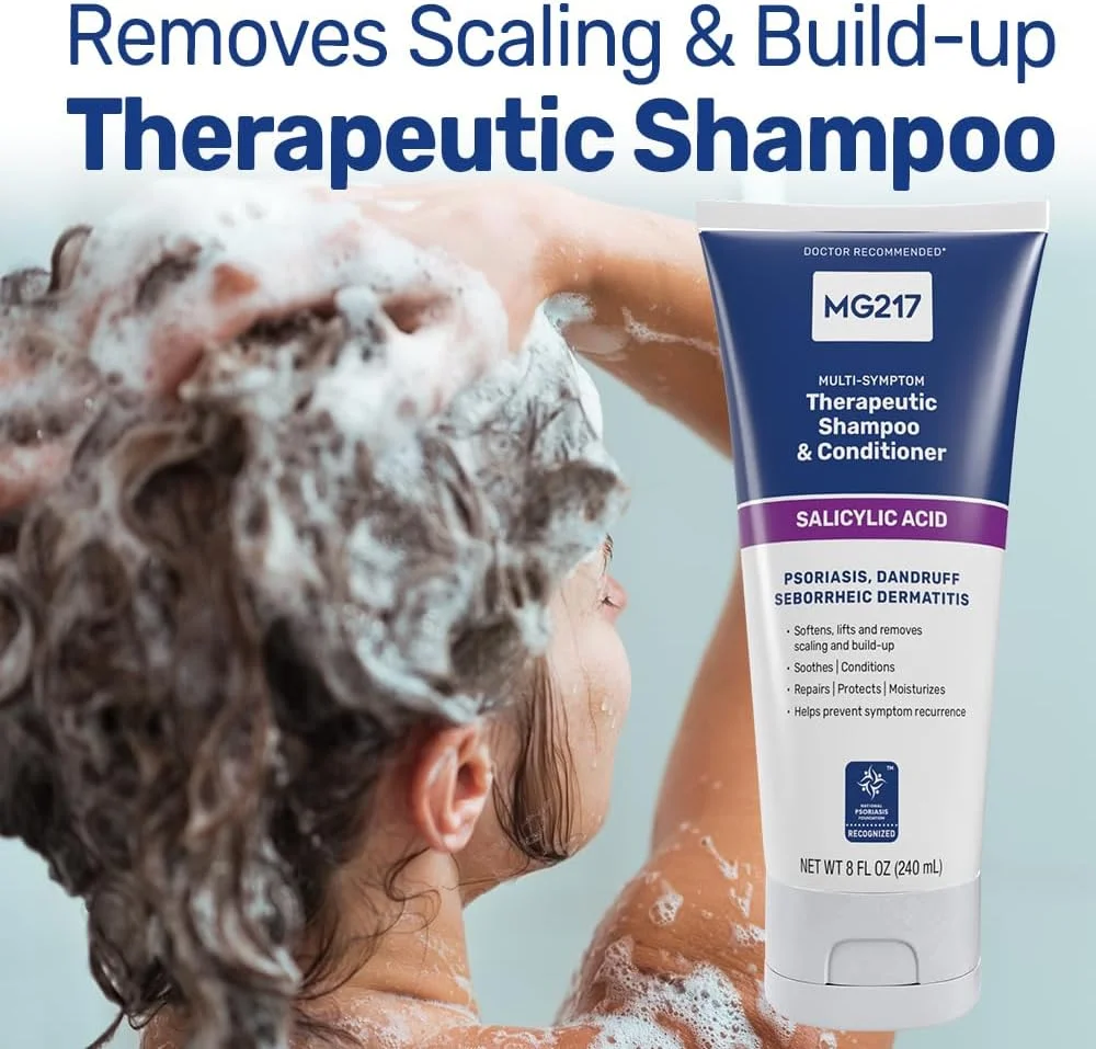 شامپو و نرم کننده پسوریازیس MG217 با اسید سالیسیلیک، درمان درمانی پوست سر، نرم کننده، بلند کننده، از بین برنده پوسته ریزی، درمان پسوریازیس پوست سر، شامپو و نرم کننده اسید سالیسیلیک، تیوب 8 فلو اونس
