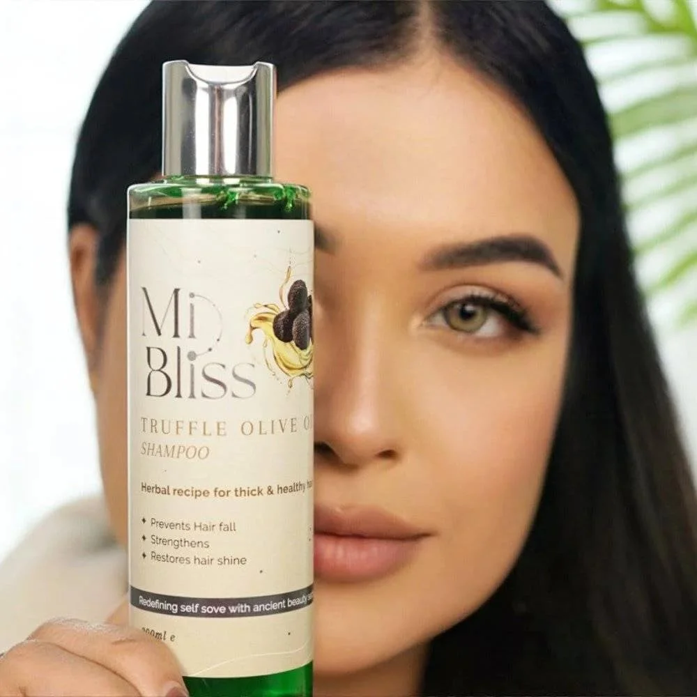 شامپو و نرم کننده روغن زیتون و ترافل Mi Bliss | ترکیب یونانی باستان برای استحکام و آبرسانی | ضخیم کننده، کنترل ریزش مو | ضد شوره، پاک کننده پوست سر، رفع وز و افزایش درخشندگی - 200 میلی لیتر