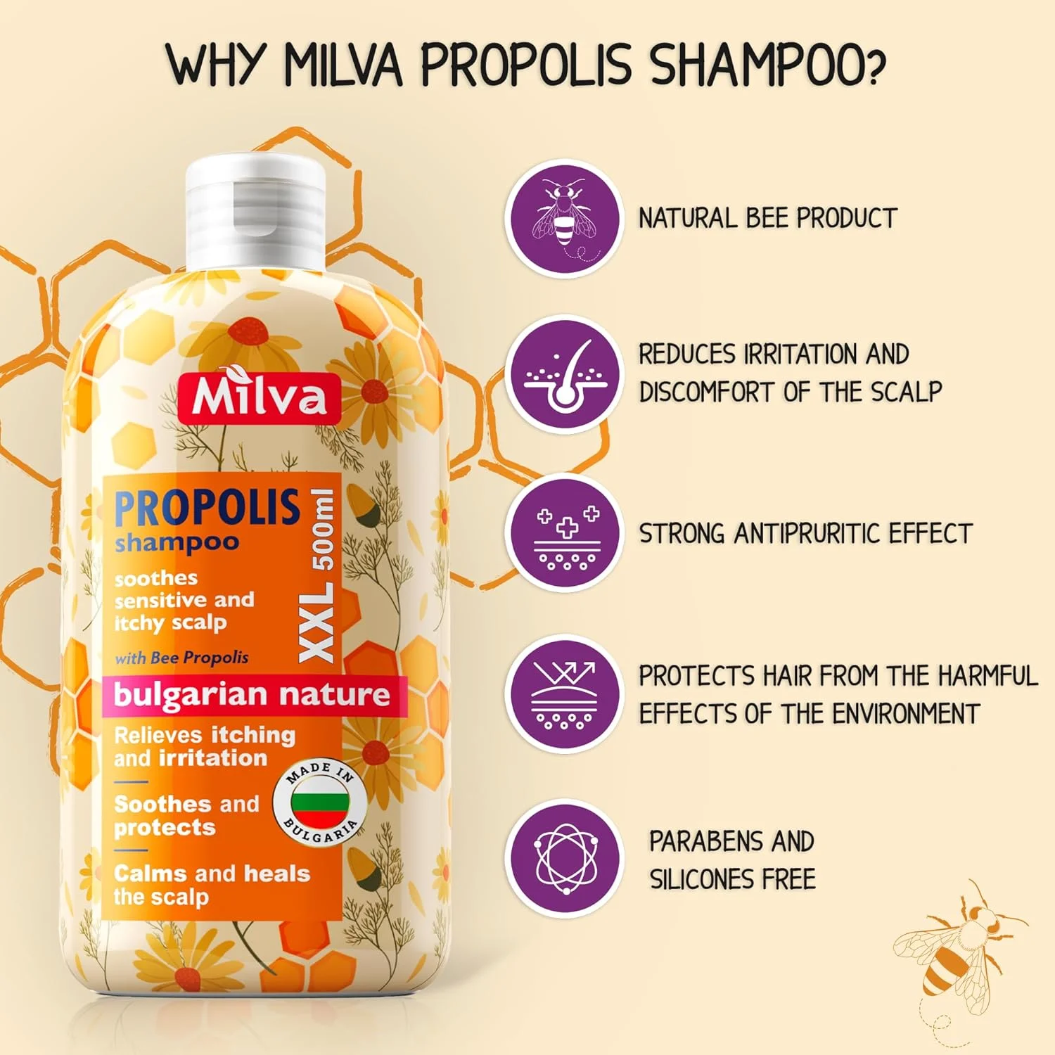 شامپو میلوا برای پوست سر خارش دار با پروپولیس - 500 میلی لیتر شامپو ضد شوره طبیعی درمان پوست سر خشک با عسل زنبور، فرمول تسکین دهنده