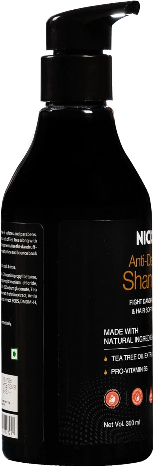 شامپو ضد شوره نیکد حاوی روغن درخت چای و ویتامین B5 - موهای نرم، صاف و بدون شوره | فاقد سولفات و پارابن | مناسب انواع مو - 300 میلی لیتر
