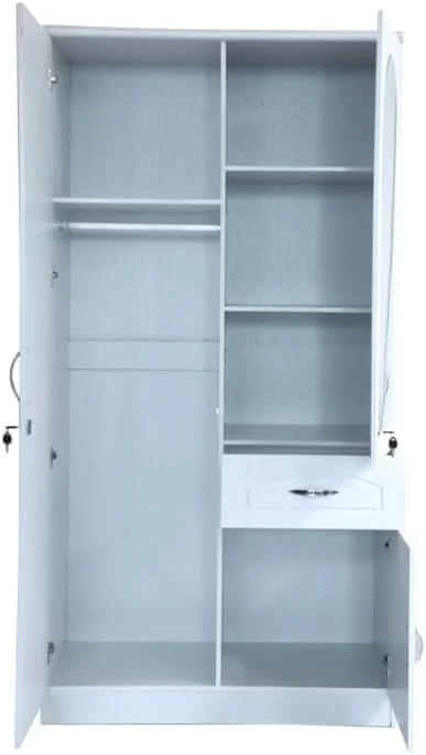 کمد لباس چوبی با طراحی مدرن الواسط با دو درب قفل‌دار به همراه آینه، دارای چهار طبقه و در طرف دیگر یک طبقه بالای چوب لباسی و یک کشو