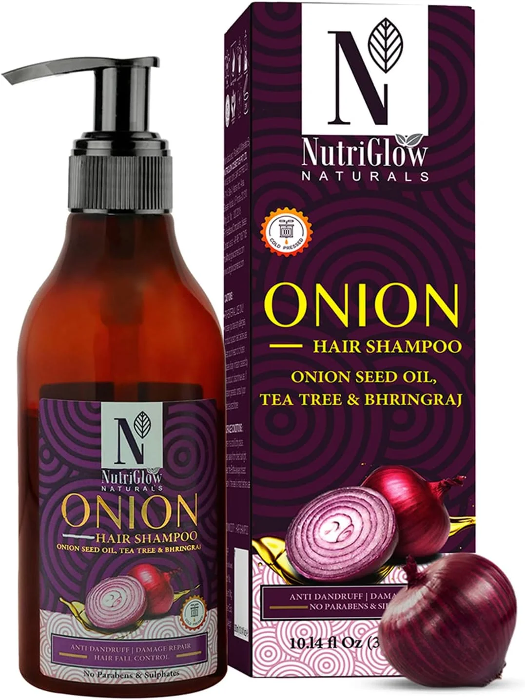 شامپو مو پیاز NutriGlow NATURAL'S حاوی روغن دانه پیاز برای ضد شوره، ضد ریزش مو و تغذیه عمیق، موهای درخشان، 300 میلی لیتر