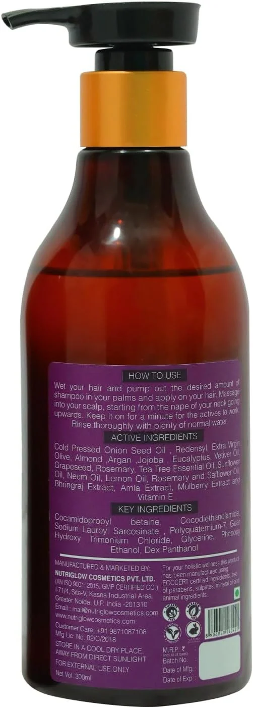 شامپو مو پیاز NutriGlow NATURAL'S حاوی روغن دانه پیاز برای ضد شوره، ضد ریزش مو و تغذیه عمیق، موهای درخشان، 300 میلی لیتر