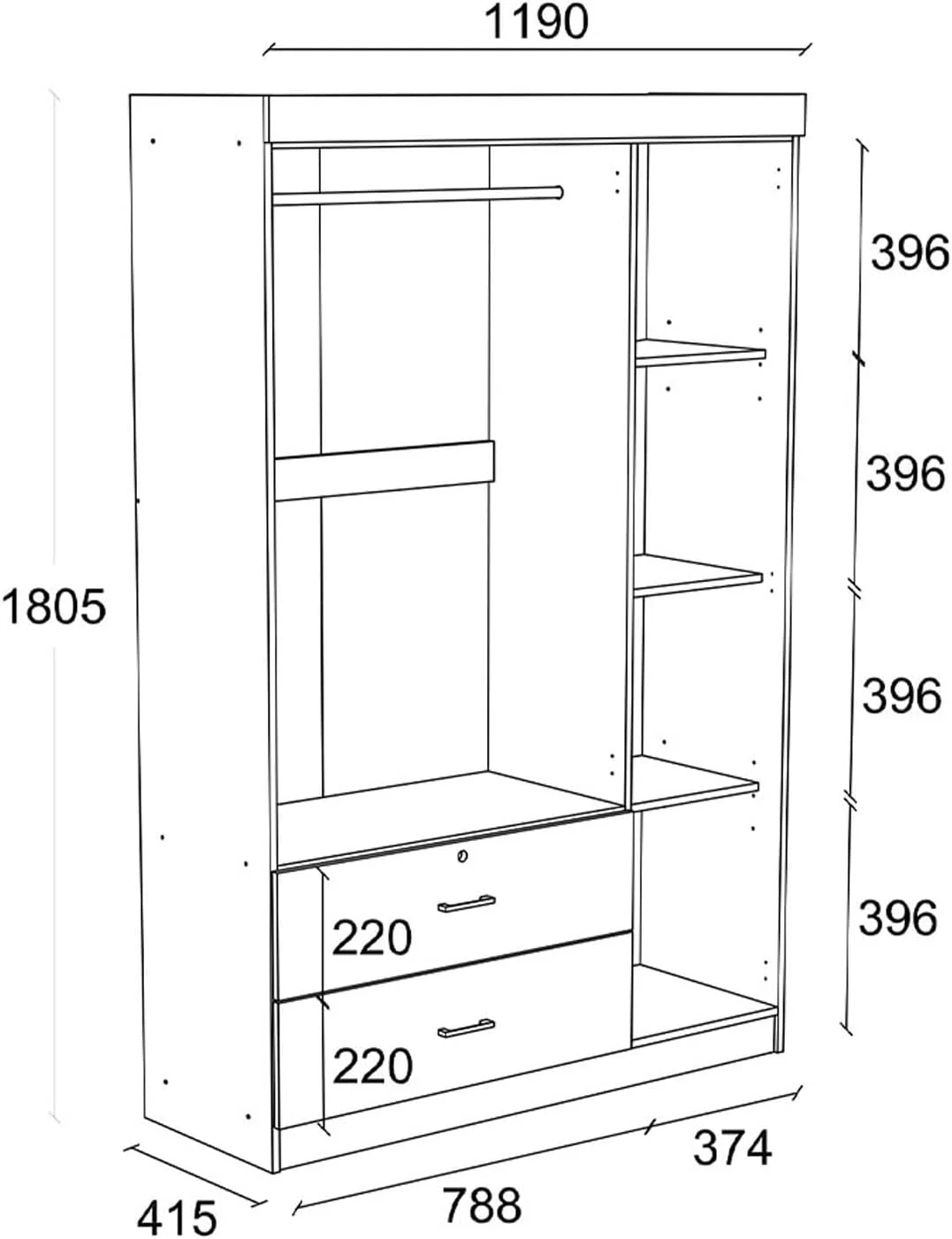 کمد لباس سه درب و دو کشو Danube Home Selva برای آویزان کردن لباس | قفسه بسیار محکم، سازمان دهنده ذخیره سازی | کابینت های مدرن صرفه جویی در فضا برای اتاق خواب L 120 x W 42 x H 181 سانتی متر - بلوط سفید