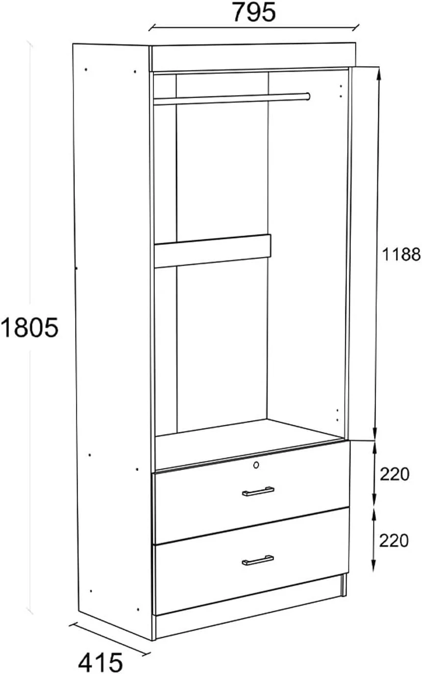 کمد لباس دو درب + 2 کشو Danube Home Sante برای آویزان کردن لباس | قفسه بسیار محکم، سازمان دهنده ذخیره سازی | کابینت های مدرن صرفه جویی در فضا برای اتاق خواب L 80 x W 42 x H 181 سانتی متر - بلوط سونوما