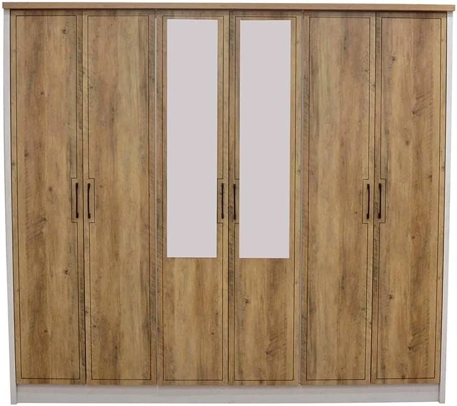 کمد لباس 6 درب آینه دار دانوب هوم مدل Swann | کمد فوق العاده محکم، کمد نگهداری لباس | کابینت درب لولایی مدرن و صرفه جویی در فضا برای اتاق خواب L232xW55xH210cm - بلوط تابستانی/سفید صدفی