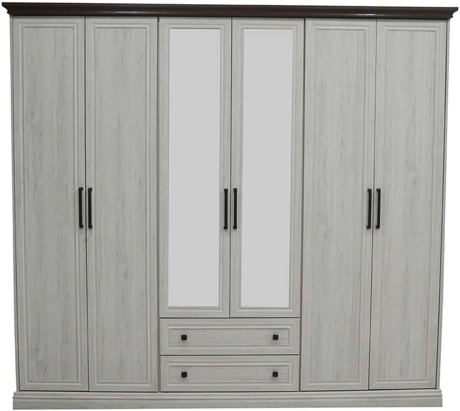 کمد لباس 6 درب دانوب هوم مدل Pioneer به همراه 2 کشو و آینه | کمد لباس محکم و جادار | طراحی مدرن و کم جا با درب لولایی مناسب اتاق خواب، ابعاد 233x55x213 سانتی متر - بلوط سفید + قهوه ای