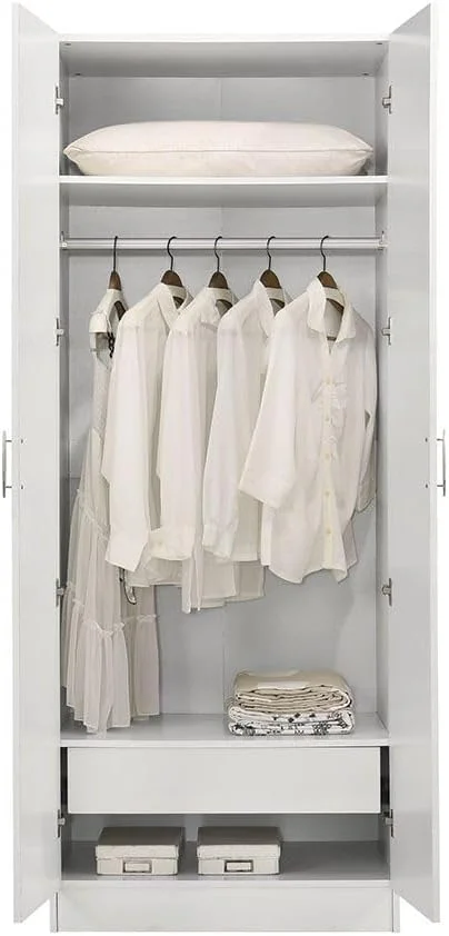کمد لباس دو درب نوتیس با کشو و آینه دانوب هوم | کمد لباس محکم | طراحی مدرن و صرفه جویی در فضا با درب لولایی مناسب اتاق خواب، ابعاد L78xW56xH200cm - سفید براق