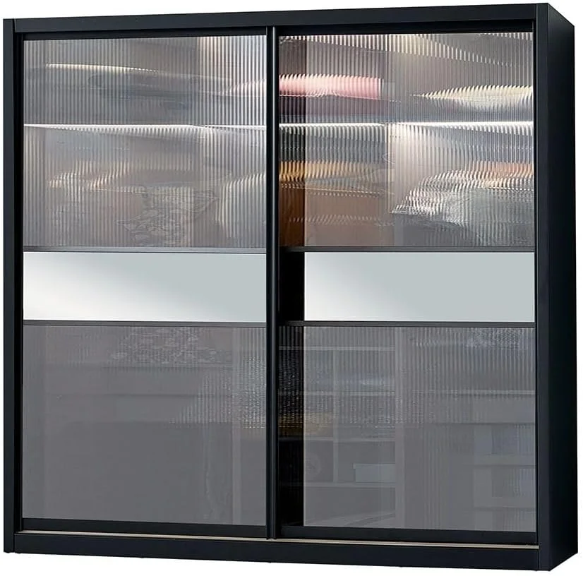 کمد لباس درب ریلی اوندا با LED دانوب هوم | کمد فوق العاده محکم، کمد نگهداری لباس | کابینت درب ریلی مدرن و صرفه جویی در فضا برای اتاق خواب L242xW69xH240cm - مشکی