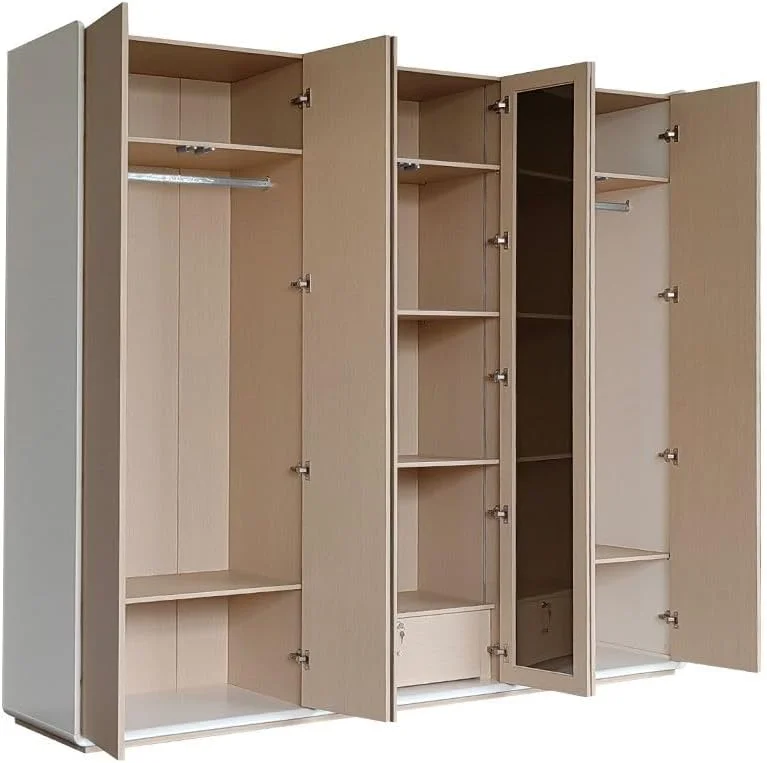 کمد لباس 6 درب دانوب هوم مدل Brita با 2 درب شیشه ای | کمد فوق العاده محکم، کمد نگهداری لباس | کابینت درب دار مدرن و صرفه جویی در فضا برای اتاق خواب، ابعاد L241.7xW59xH220cm - بژ/بلوط سفید