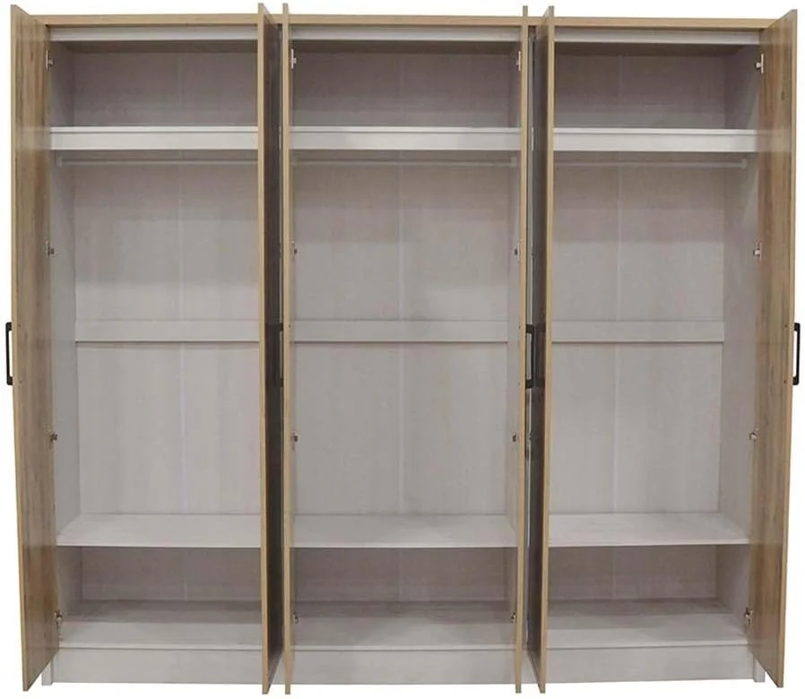 کمد لباس 6 درب آینه دار دانوب هوم مدل Swann | کمد فوق العاده محکم، کمد نگهداری لباس | کابینت درب لولایی مدرن و صرفه جویی در فضا برای اتاق خواب L232xW55xH210cm - بلوط تابستانی/سفید صدفی