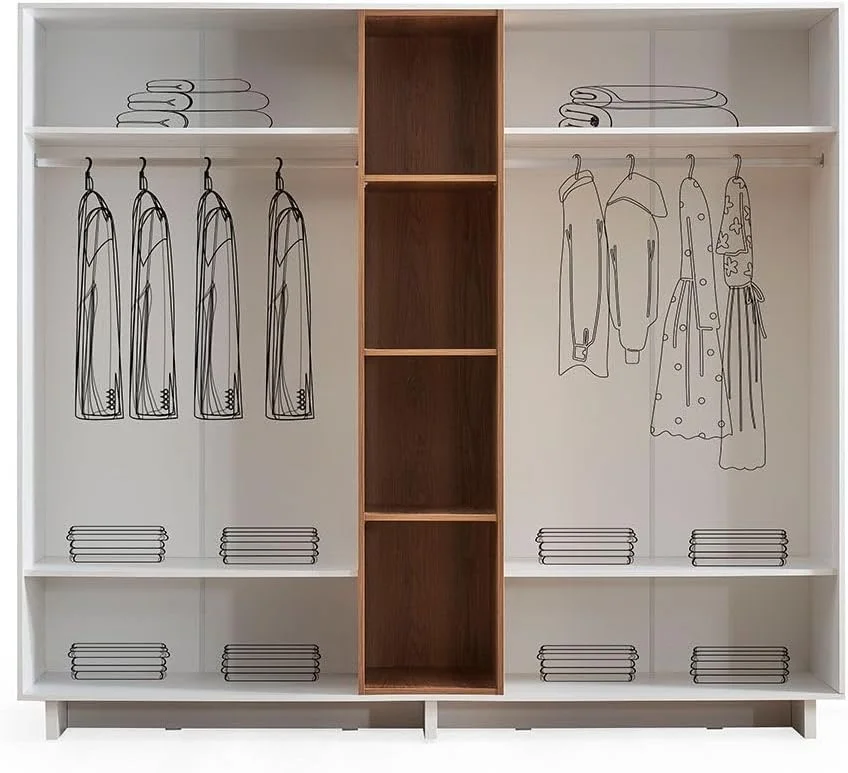 کمد لباس 4 درب Danube Home Ren + کابینت با قفسه های باز | کمد لباس محکم | طراحی مدرن و صرفه جویی در فضا با درب لولایی مناسب اتاق خواب، ابعاد L248xW55xH220cm - گردویی طبیعی/سفید
