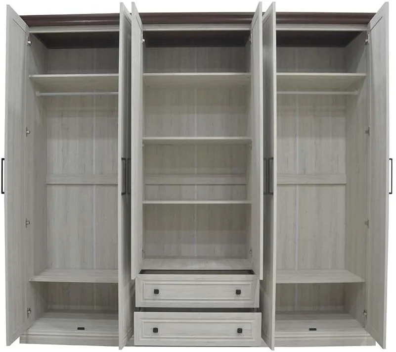 کمد لباس 6 درب دانوب هوم مدل Pioneer به همراه 2 کشو و آینه | کمد لباس محکم و جادار | طراحی مدرن و کم جا با درب لولایی مناسب اتاق خواب، ابعاد 233x55x213 سانتی متر - بلوط سفید + قهوه ای