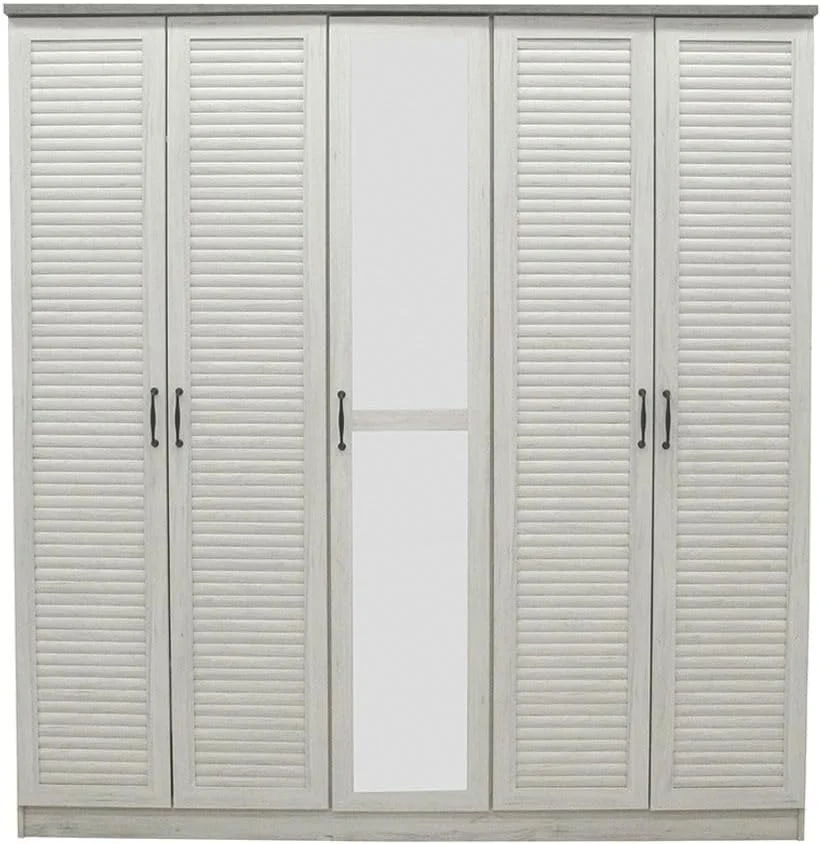 کمد لباس 5 درب زنیث دانوب هوم با کشو و آینه | کمد فوق العاده محکم، کمد نگهداری لباس | کابینت درب لولایی مدرن و صرفه جویی در فضا برای اتاق خواب L200xW55xH210cm - بلوط سفید/سیمانی