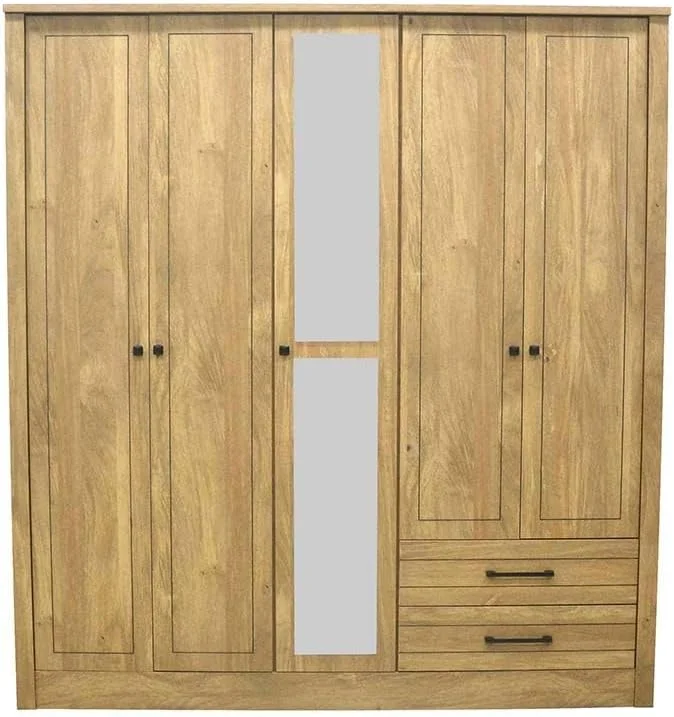 کمد لباس 5 درب آتن Danube Home با کشو و آینه | کمد فوق العاده محکم، کابینت نگهداری لباس | کابینت درب لولایی مدرن و صرفه جویی در فضا برای اتاق خواب L194xW55xH213cm - بلوط روشن