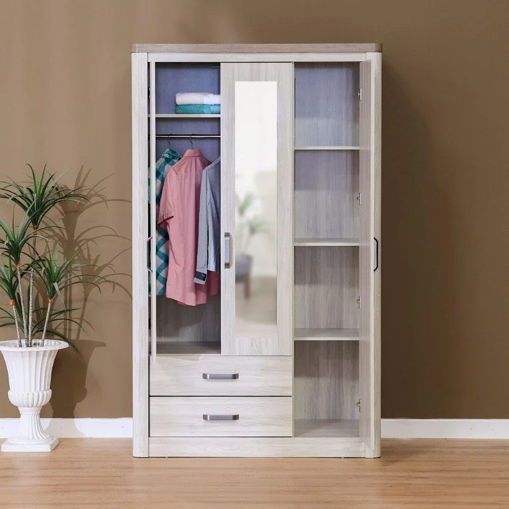 کمد لباس ۳ درب با آینه دانوب هوم مدل Olivos | کمد فوق العاده محکم، کمد نگهداری لباس | کابینت مدرن و صرفه جویی در فضا برای اتاق خواب ۱۲۴x۵۶x۲۰۴ سانتی متر خاکستری/بلوطی