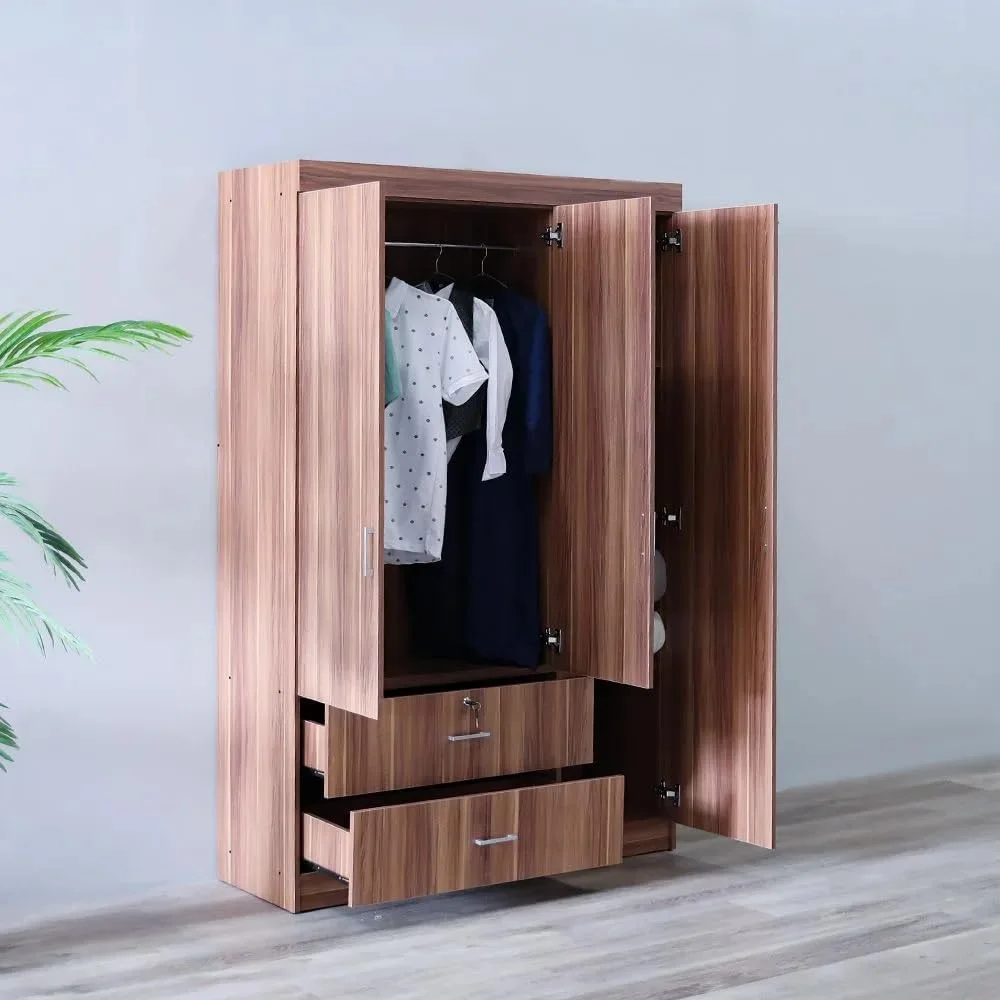 کمد لباس سه درب + دو کشو Danube Home Selva برای آویزان کردن لباس | قفسه بسیار محکم، سازمان دهنده ذخیره سازی | کابینت های مدرن صرفه جویی در فضا برای اتاق خواب L 120 x W 42 x H 181 سانتی متر - گیلاسی