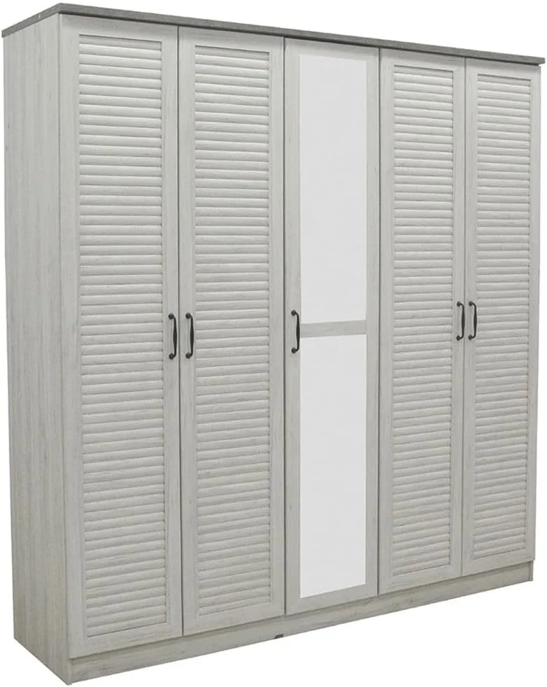 کمد لباس 5 درب زنیث دانوب هوم با کشو و آینه | کمد فوق العاده محکم، کمد نگهداری لباس | کابینت درب لولایی مدرن و صرفه جویی در فضا برای اتاق خواب L200xW55xH210cm - بلوط سفید/سیمانی