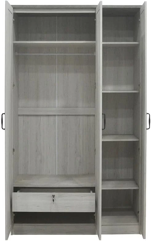 کمد لباس 3 درب زنیث دانوب هوم با کشو و آینه | کمد فوق العاده محکم، کابینت نگهداری لباس | کابینت درب لولایی مدرن و صرفه جویی در فضا برای اتاق خواب L120xW55xH210cm - بلوط سفید/سیمانی