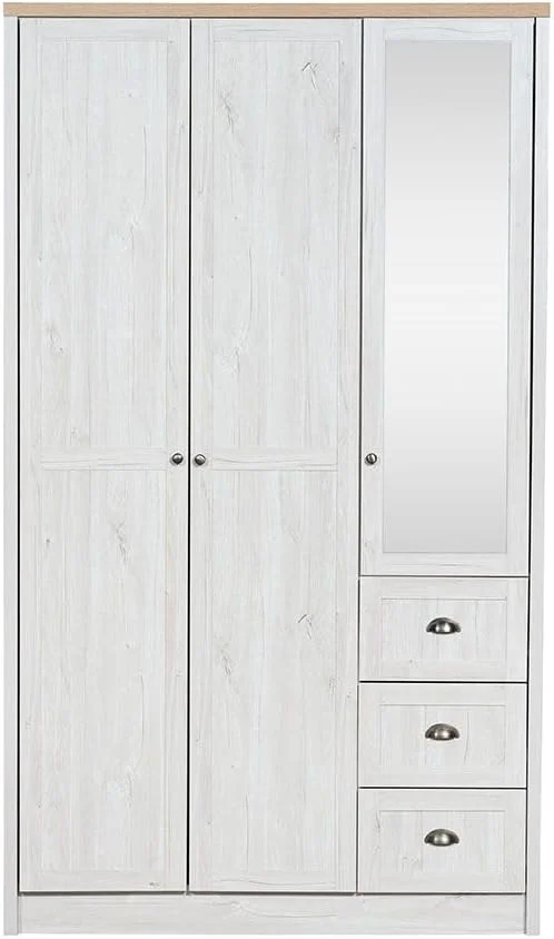 کمد لباس 3 درب کمبریج دانوب هوم با 3 کشو و آینه | کمد لباس محکم | کابینت درب دار چرخشی مدرن و صرفه جویی در فضا برای اتاق خواب، ابعاد L123xW55xH210cm - بلوط و بلوط سفید