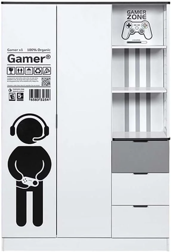 کمد لباس 2 درب 3 کشو گیمرزون دانوب هوم | کمد لباس محکم برای کودکان | کابینت درب لولایی مدرن و صرفه جویی در فضا برای اتاق خواب L120xW48xH180cm - سفید و خاکستری