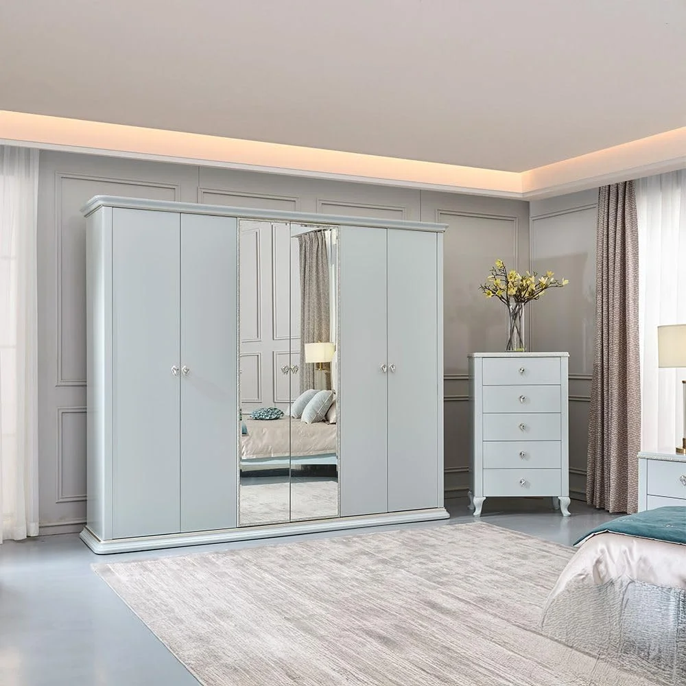 کمد لباس 6 درب آینه دار Danube Home Bluebell | کمد لباس محکم | کمد دیواری مدرن با طراحی مدرن و صرفه جویی در فضا برای اتاق خواب ابعاد L273.5xW60xH230cm - آبی روشن