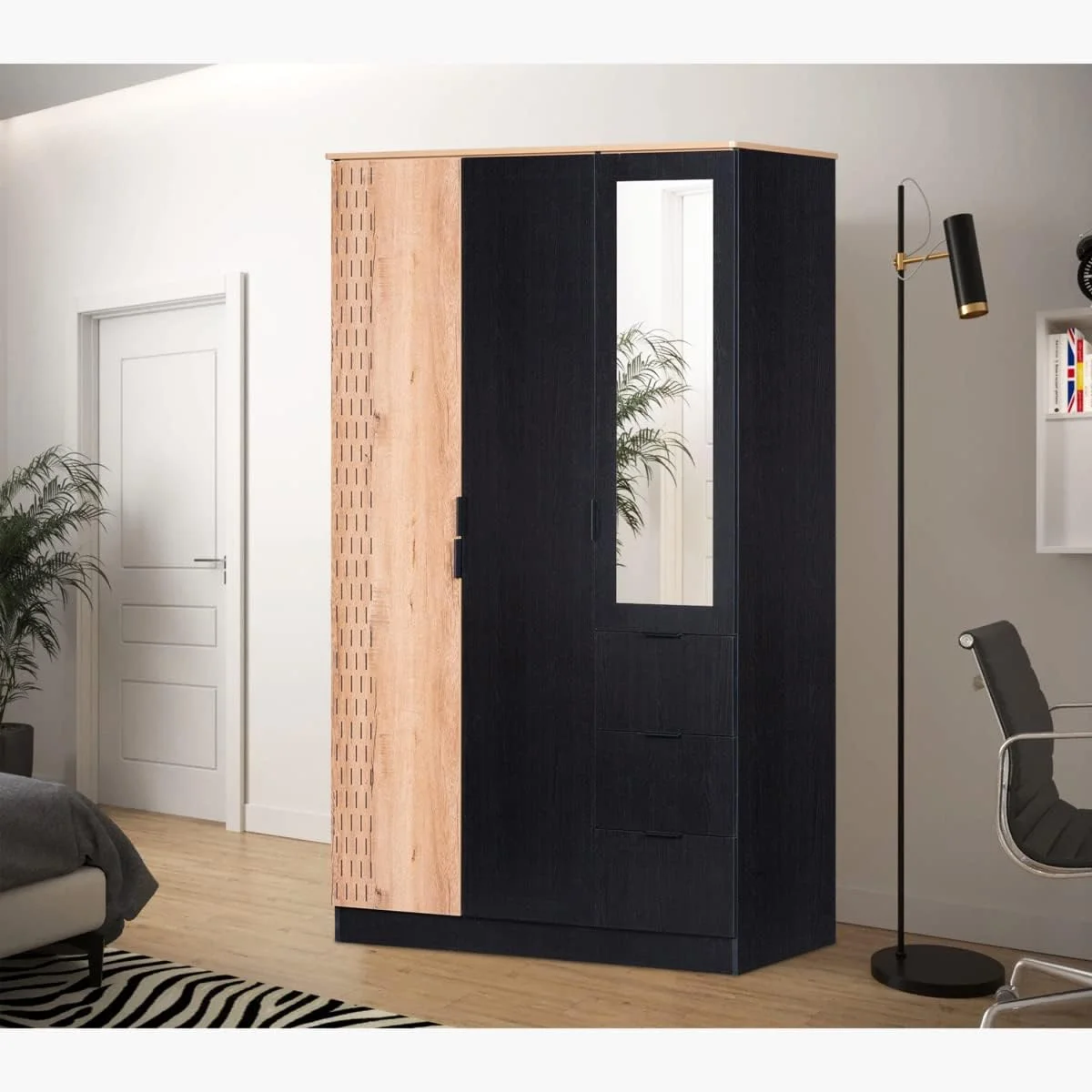 کمد لباس سه درب هوم باکس مدل جردن به همراه 3 کشو و آینه، ابعاد 120 × 206.5 × 55.5 سانتی متر، مشکی/قهوه ای