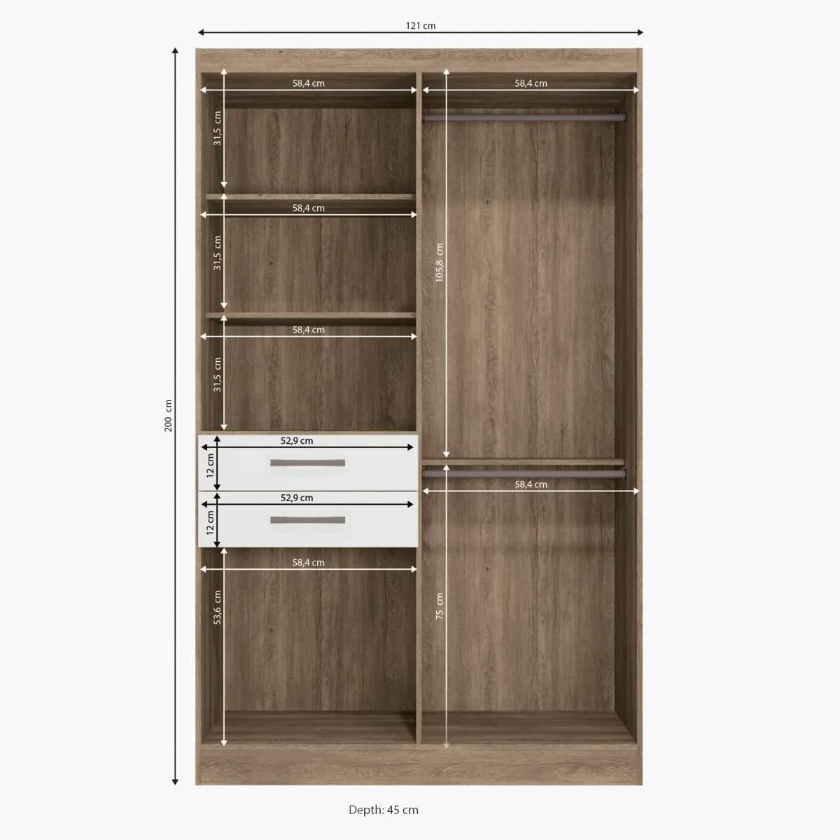 کمد لباس 6 درب Home Box مدل Fortaleza Luis با 2 کشو، قهوه ای، ابعاد 45x200x121 سانتی متر