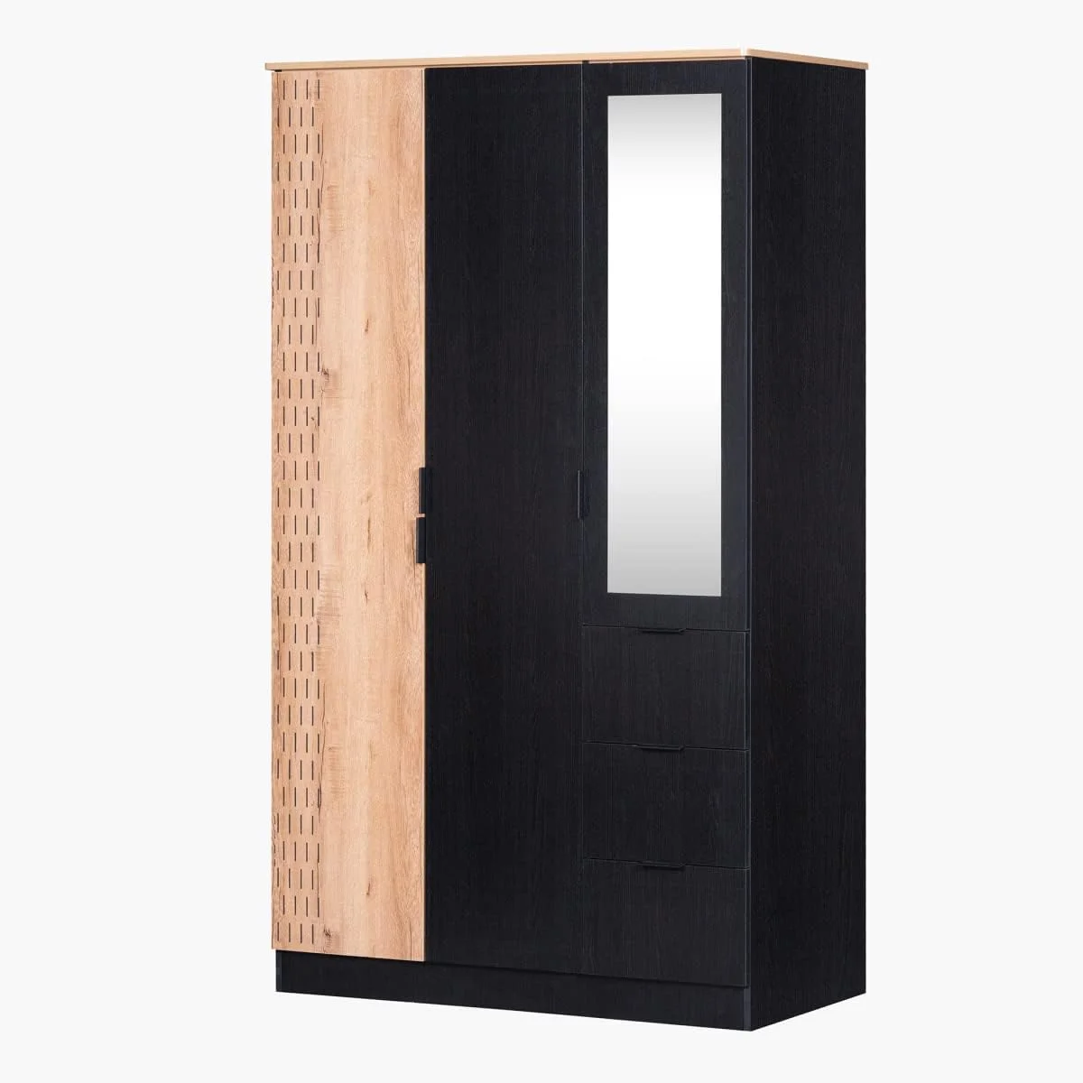 کمد لباس سه درب هوم باکس مدل جردن به همراه 3 کشو و آینه، ابعاد 120 × 206.5 × 55.5 سانتی متر، مشکی/قهوه ای کمد لباس سه درب هوم باکس مدل جردن به همراه 3 کشو و آینه، ابعاد 120 × 206.5 × 55.5 سانتی متر، مشکی/قهوه ای