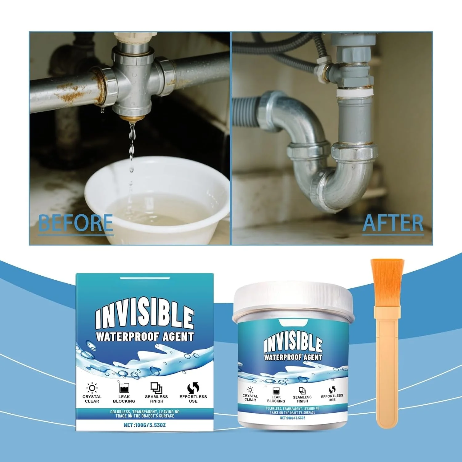 آب‌بند شفاف ضد آب آزونه، پوشش پلی یورتان چند منظوره، چسب برای سقف، دیوار، حمام، عامل ترمیم چند منظوره داخلی و خارجی (100 گرم با برس)