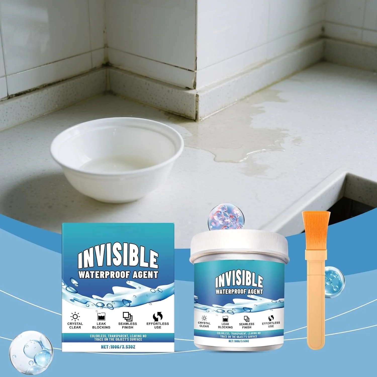 آب‌بند شفاف ضد آب آزونه، پوشش پلی یورتان چند منظوره، چسب برای سقف، دیوار، حمام، عامل ترمیم چند منظوره داخلی و خارجی (100 گرم با برس)
