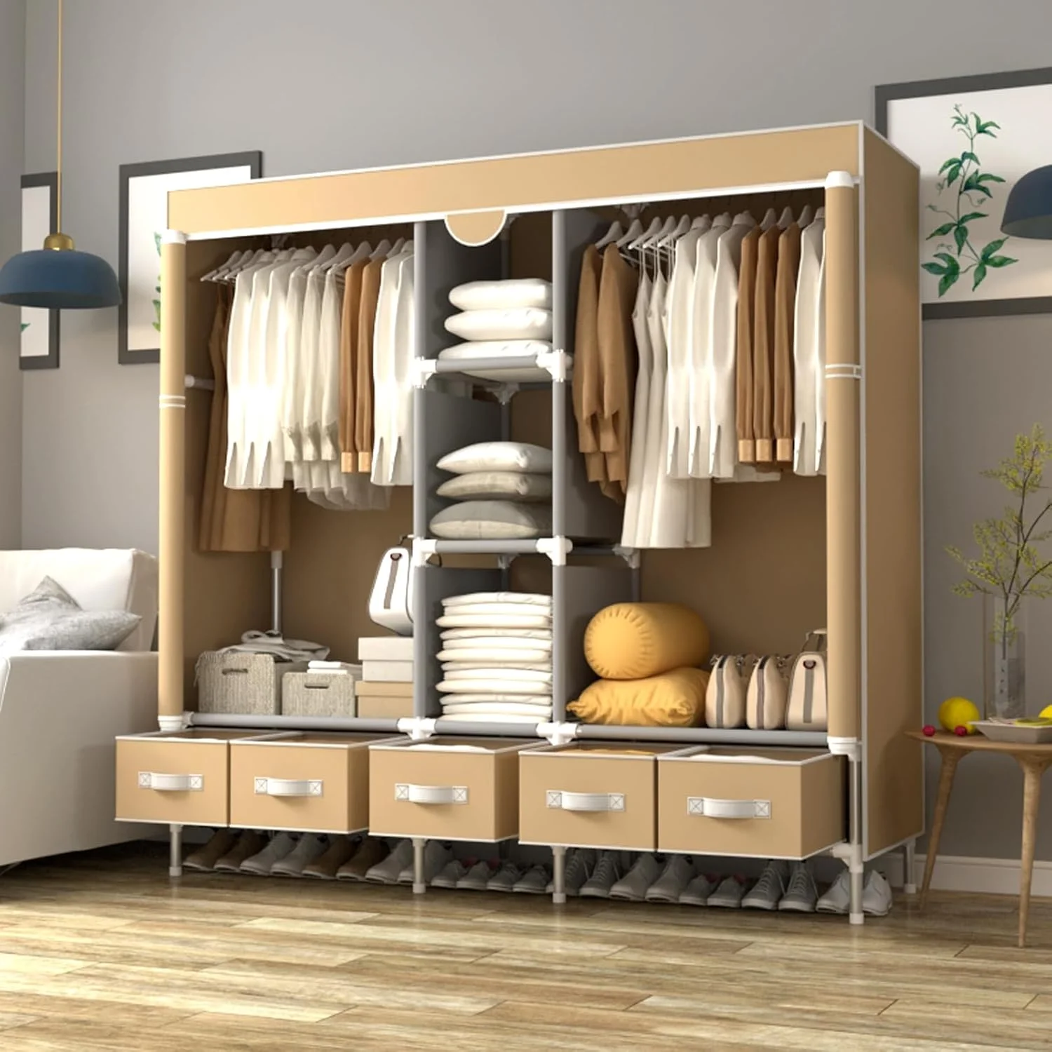 کمد لباس برزنتی Anmas Power با 5 کشو، کمد لباس 185x45x175 سانتی متر برای اتاق خواب، راه حل نگهداری لباس، با ریل آویز و قفسه های نگهداری