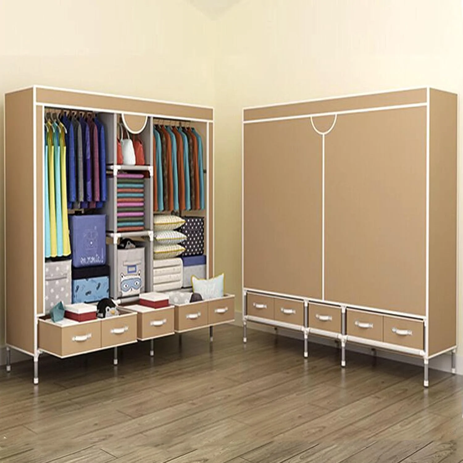 کمد لباس برزنتی Anmas Power با 5 کشو، کمد لباس 185x45x175 سانتی متر برای اتاق خواب، راه حل نگهداری لباس، با ریل آویز و قفسه های نگهداری کمد لباس برزنتی Anmas Power با 5 کشو، کمد لباس 185x45x175 سانتی متر برای اتاق خواب، راه حل نگهداری لباس، با ریل آویز و قفسه های نگهداری