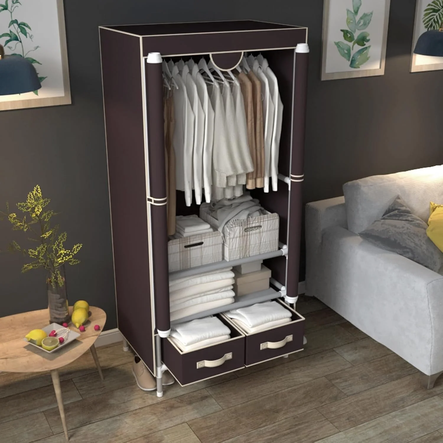کمد لباس پارچه ای قابل حمل Anmas Power با 2 کشو، کمد لباس قابل حمل با میله آویز و قفسه، 75x45x170 سانتی متر، رنگ قهوه ای تیره