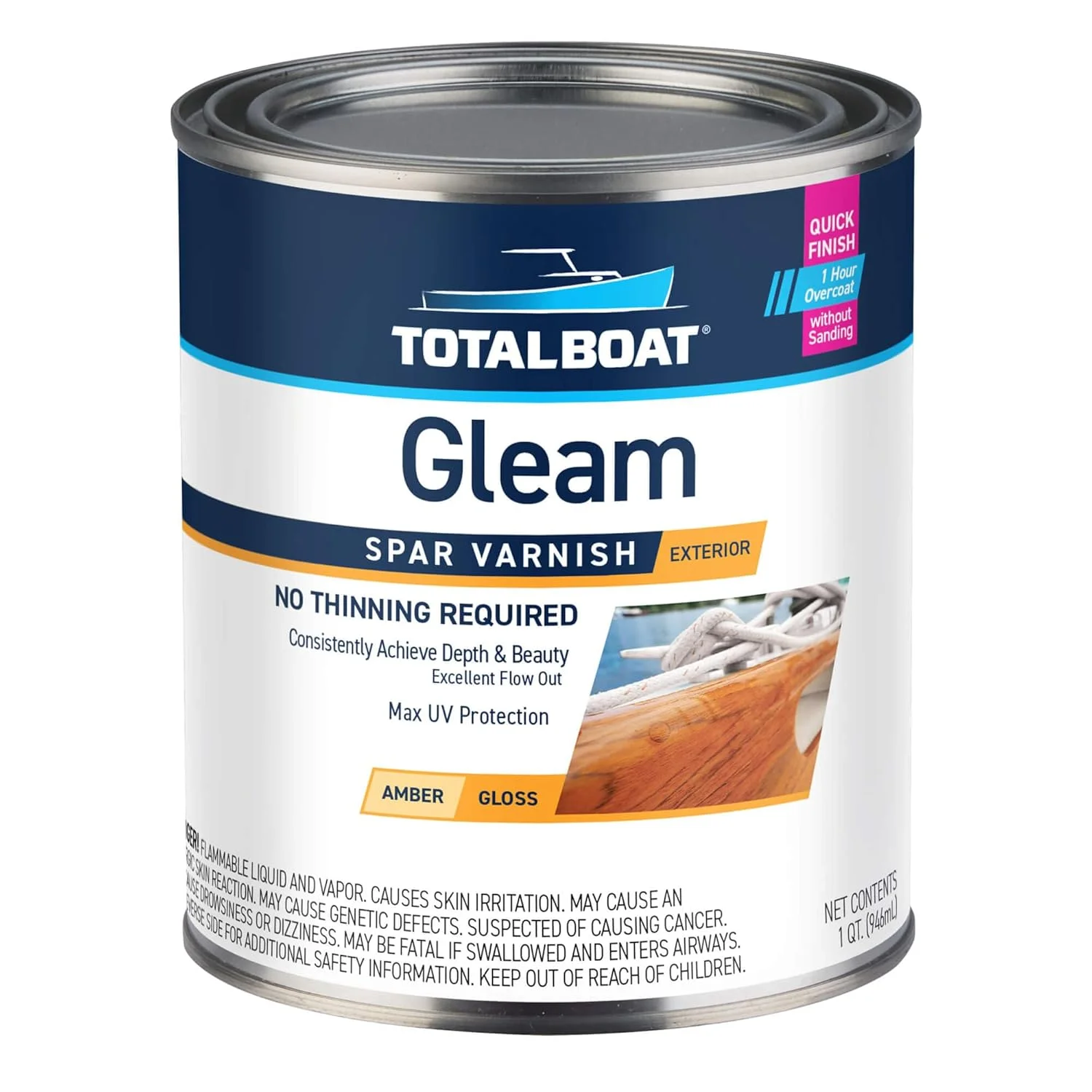 ورنی اسپار دریایی براق TotalBoat Gleam، پوشش پلی یورتان براق و ساتن برای چوب، قایق ها و مبلمان فضای باز (براق شفاف یک کوارت)
