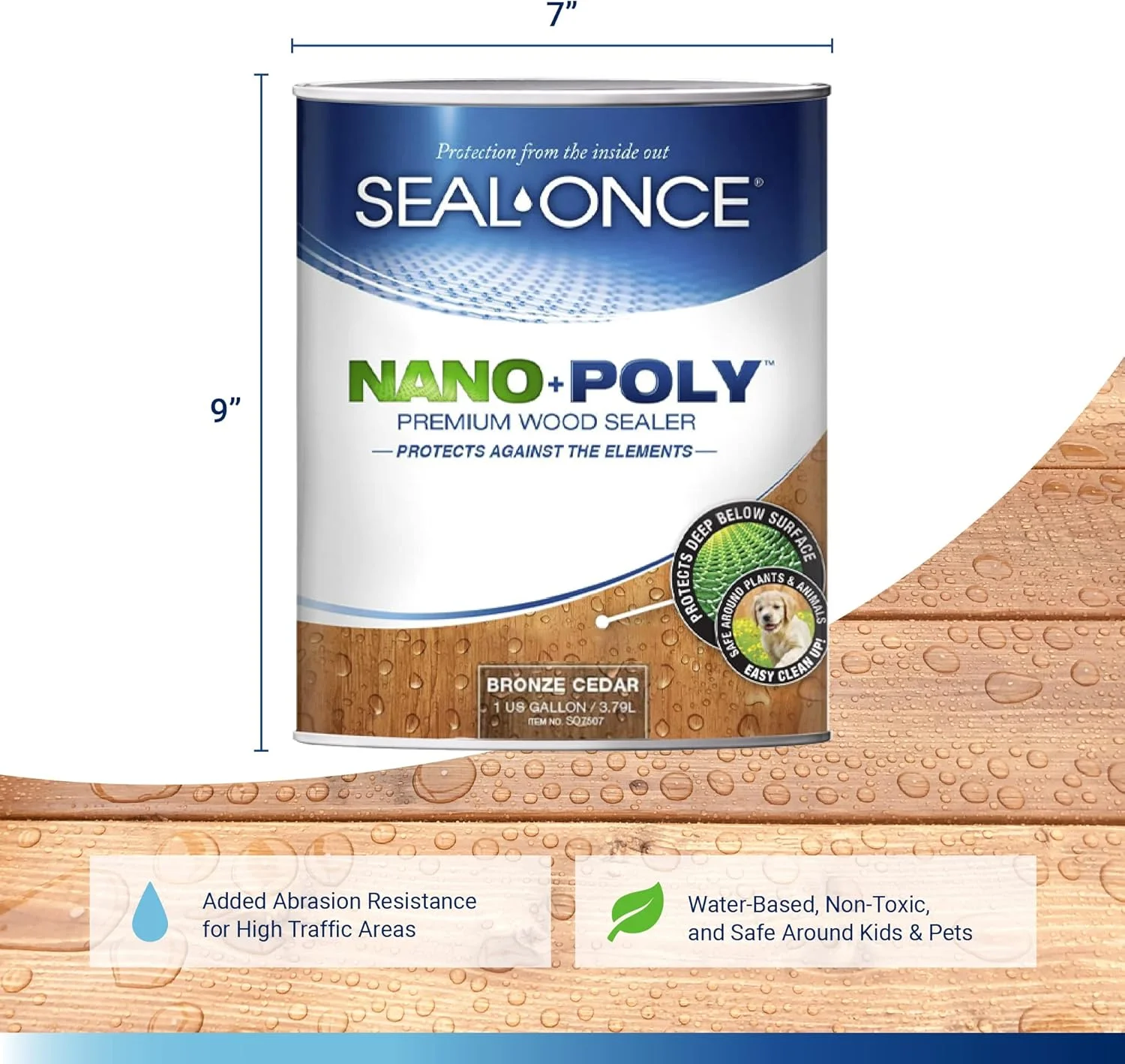 سیلر و رنگ چوب نفوذی SEAL-ONCE Nano+Poly Ready Mix با پلی یورتان (سدر برنزی) - پایه آب، کم بو، ضد آب برای عرشه، نرده، نمای ساختمان و خانه‌های چوبی. … (1 گالن)